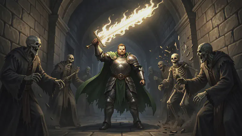 Bancroft with the longsword burning white above his head, robed dead recoiling, one of them coming apart in the light